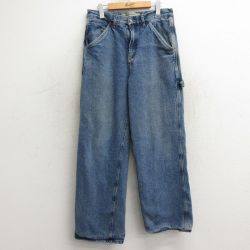 W32★古着 ペインター パンツ メンズ コットン 紺 ネイビー デニム 内側フランネル 24nov06 中古 ボトムス ロング
