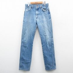 W31★古着 ラングラー Wrangler ジーンズ メンズ 90年代 90s ヒゲ コットン　USA製 紺 ネイビー デニム 24dec17 中古 ボトムス ジーパン Gパン ロング パンツ