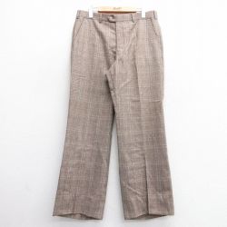 W34★古着 パンツ メンズ フレア ウール 濃茶他 ブラウン チェック 25feb06 中古 ボトムス ロング