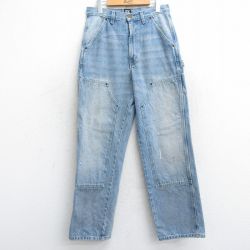 W32★古着 ペインター パンツ メンズ ダブルニー ヒゲ コットン 紺 ネイビー デニム 25feb08 中古 ボトムス ロング