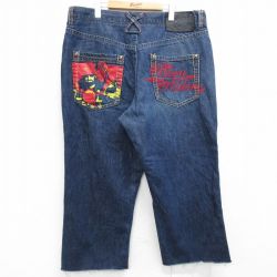W40★古着 ジーンズ メンズ Born Riders チェーンステッチ刺繍 大きいサイズ コットン 濃紺 ネイビー デニム 【spe】 25mar03 中古 ボトムス ジーパン Gパン ロング パンツ