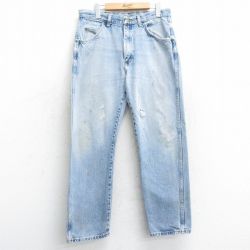 W35★古着 ラングラー Wrangler ジーンズ メンズ ヒゲ コットン 薄紺 ネイビー デニム 25mar05 中古 ボトムス ジーパン Gパン ロング パンツ