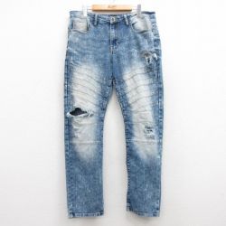 W34★古着 サウスポール ジーンズ メンズ ケミカルウォッシュ 紺 ネイビー デニム ダメージ加工 25mar11 中古 ボトムス ジーパン Gパン ロング パンツ