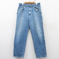 W34★古着 ラングラー Wrangler ジーンズ メンズ 90年代 90s ヒゲ コットン 紺 ネイビー デニム 【spe】 25mar12 中古 ボトムス ジーパン Gパン ロング パンツ