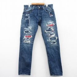 W34★古着 ラルフローレン Ralph Lauren ブランド ジーンズ メンズ ヒゲ コットン 紺 ネイビー デニム ダメージ加工 【spe】 25mar12 中古 ボトムス ジーパン Gパン ロング パンツ