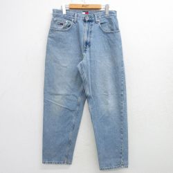 W32★古着 トミーヒルフィガー TOMMY HILFIGER ブランド ジーンズ メンズ 90年代 90s 薄紺 ネイビー デニム 25mar14 中古 ボトムス ジーパン Gパン ロング パンツ
