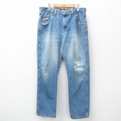 W35★古着 ラングラー Wrangler ジーンズ メンズ ヒゲ コットン 紺 ネイビー デニム 25mar14 中古 ボトムス ジーパン Gパン ロング パンツ