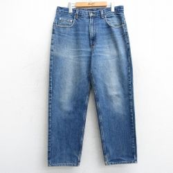 W34★古着 ジーンズ メンズ ヒゲ コットン 紺 ネイビー デニム 25mar17 中古 ボトムス ジーパン Gパン ロング パンツ