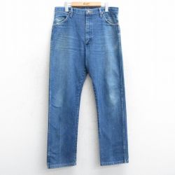 W36★古着 ラングラー Wrangler ジーンズ メンズ ヒゲ コットン 紺 ネイビー デニム 25mar17 中古 ボトムス ジーパン Gパン ロング パンツ