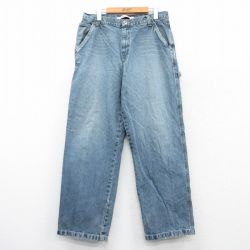 W34★古着 ペインター パンツ メンズ ヒゲ コットン 紺 ネイビー デニム 25mar18 中古 ボトムス ロング