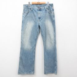 W36★古着 ラルフローレン Ralph Lauren ブランド ジーンズ メンズ ヒゲ フレア ブーツカット コットン 薄紺 ネイビー デニム 25mar27 中古 ボトムス ジーパン Gパン ロング パンツ