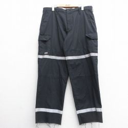 W37★古着 ワーク カーゴ パンツ メンズ リフレクター 黒 ブラック 25mar28 中古 ボトムス ロング