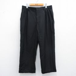 W36★古着 スラックス パンツ メンズ 90年代 90s リネン 黒 ブラック ストライプ 25may12 中古 ボトムス ロング