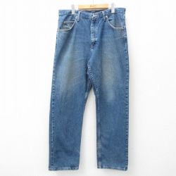 W36★古着 ラングラー Wrangler ジーンズ メンズ ヒゲ コットン 紺 ネイビー デニム 25may17 中古 ボトムス ジーパン Gパン ロング パンツ