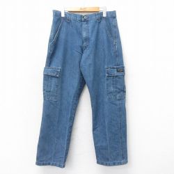 W32★古着 ラングラー Wrangler カーゴ パンツ メンズ 紺 ネイビー デニム 25may22 中古 ボトムス ロング