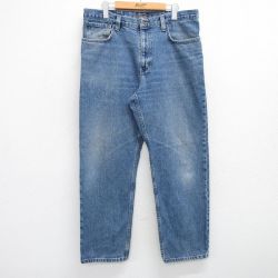 W36★古着 エディーバウアー ジーンズ メンズ ヒゲ コットン 紺 ネイビー デニム 25jun19 中古 ボトムス ジーパン Gパン ロング パンツ