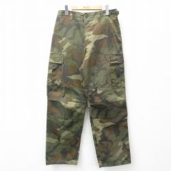 W33★古着 カーゴ パンツ メンズ 90年代 90s ダブルニー ウッドランドカモ 濃緑他 グリーン 迷彩 25jul17 中古 ボトムス ロング