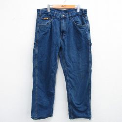 W36★古着 ペインター パンツ メンズ コットン 紺 ネイビー デニム 内側フランネル 25sep19 中古 ボトムス ロング