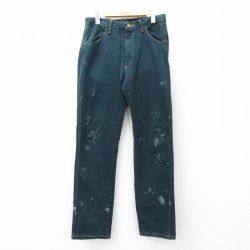 W32★古着 ラスラー ジーンズ メンズ コットン 緑 グリーン デニム 25sep22 中古 ボトムス ジーパン Gパン ロング パンツ