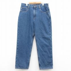 W36★古着 カーハート Carhartt ジーンズ メンズ コットン 紺 ネイビー デニム 内側フリース 25sep27 中古 ボトムス ジーパン Gパン ロング パンツ