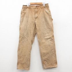 W34★古着 カーハート Carhartt ペインター パンツ メンズ ダック地 コットン ベージュ系 カーキ 内側フランネル 25sep27 中古 ボトムス ロング