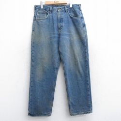 W34★古着 カーハート Carhartt ジーンズ メンズ ワンポイントロゴ コットン 紺 ネイビー デニム 内側フランネル 25sep27 中古 ボトムス ジーパン Gパン ロング パンツ