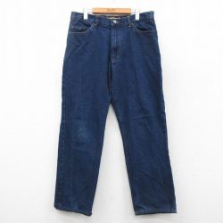 W34★古着 ジーンズ メンズ コットン 濃紺 ネイビー デニム 25oct02 中古 ボトムス ジーパン Gパン ロング パンツ