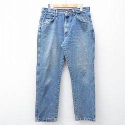 W34★古着 ラングラー Wrangler ジーンズ メンズ 90年代 90s ヒゲ コットン USA製 紺 ネイビー デニム 25oct16 中古 ボトムス ジーパン Gパン ロング パンツ