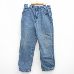 W33★古着 ジーンズ メンズ ヒゲ コットン 紺 ネイビー デニム 内側フリース 25oct24 中古 ボトムス ジーパン Gパン ロング パンツ