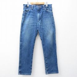 W34★古着 ラングラー ジーンズ メンズ ヒゲ コットン 紺 デニム 25dec03