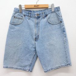 W33★古着 ショート パンツ ショーツ メンズ 90年代 90s コットン USA製 薄紺 ネイビー デニム 24may15 中古 ボトムス 短パン ショーパン ハーフ