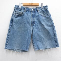 W33★古着 ショート パンツ ショーツ メンズ コットン 紺 ネイビー デニム 25apr02 中古 ボトムス 短パン ショーパン ハーフ