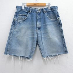 W33★古着 ラングラー Wrangler ショート パンツ ショーツ メンズ ヒゲ コットン 紺 ネイビー デニム 25apr02 中古 ボトムス 短パン ショーパン ハーフ