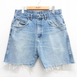 W33★古着 ラングラー Wrangler ショート パンツ ショーツ メンズ ヒゲ コットン 紺 ネイビー デニム 25apr02 中古 ボトムス 短パン ショーパン ハーフ