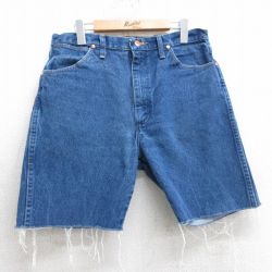【50%OFF】W34★古着 ラングラー Wrangler ショート パンツ ショーツ メンズ コットン 紺 ネイビー デニム 25apr04 中古 ボトムス 短パン ショーパン ハーフ