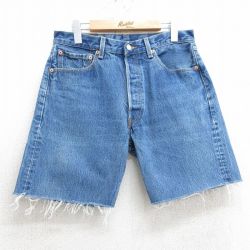 W32★古着 リーバイス Levis 501 ショート パンツ ショーツ メンズ ヒゲ コットン 紺 ネイビー デニム 25apr04 中古 ボトムス 短パン ショーパン ハーフ
