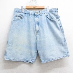 W37★古着 ラングラー Wrangler ショート パンツ メンズ ヒゲ コットン 薄紺 ネイビー デニム 25apr05 中古 ボトムス 短パン ショーパン ハーフ