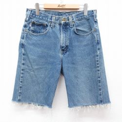 W32★古着 カーハート Carhartt ショート パンツ ショーツ メンズ ヒゲ コットン 紺 ネイビー デニム 25apr05 中古 ボトムス 短パン ショーパン ハーフ