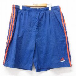 W39★古着 アディダス adidas ショート ナイロン パンツ ショーツ メンズ 90年代 90s ワンポイントロゴ 青他 ブルー 3本ライン 【spe】 25apr09 中古 ボトムス 短パン ショーパン