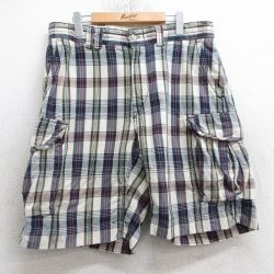 W36★古着 ラルフローレン Ralph Lauren ブランド ショート カーゴ パンツ ショーツ メンズ 90年代 90s コットン 紺他 ネイビー チェック 25apr11 中古 ボトムス 短パン ショーパン