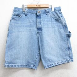 W35★古着 ラングラー Wrangler ショート ペインター パンツ メンズ ヒゲ コットン 薄紺 ネイビー デニム 25apr18 中古 ボトムス 短パン ショーパン