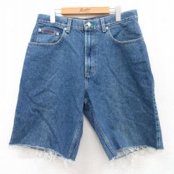 W33★古着 トミーヒルフィガー TOMMY HILFIGER トミージーンズ ブランド ショート パンツ ショーツ メンズ 90年代 90s 紺 ネイビー デニム 25apr23 中古 ボトムス 短パン ショーパン ハーフ