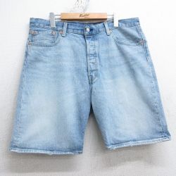 W38★古着 リーバイス Levis 501 ショート パンツ ショーツ メンズ ヒゲ 薄紺 ネイビー デニム 25apr26 中古 ボトムス 短パン ショーパン ハーフ