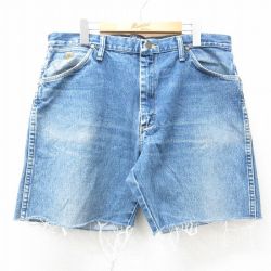 W38★古着 ラングラー Wrangler ショート パンツ ショーツ メンズ ヒゲ コットン 紺 ネイビー デニム 25apr28 中古 ボトムス 短パン ショーパン ハーフ