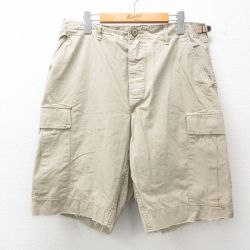 W33★古着 ショート ミリタリー カーゴ パンツ ショーツ メンズ 90年代 90s コンバット リップストップ コットン USA製 ベージュ カーキ 25apr28 中古 ボトムス 短パン ショーパン