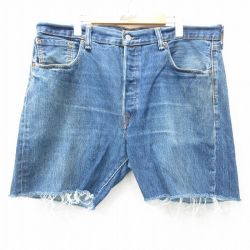 W38★古着 リーバイス Levis 501 ショート パンツ ショーツ メンズ ヒゲ コットン 紺 ネイビー デニム 25apr28 中古 ボトムス 短パン ショーパン ハーフ