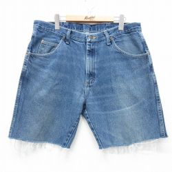 W36★古着 ラングラー Wrangler ショート パンツ ショーツ メンズ ヒゲ コットン 紺 ネイビー デニム 25apr30 中古 ボトムス 短パン ショーパン ハーフ