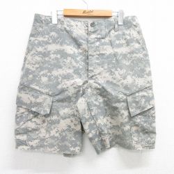 W34★古着 ショート ミリタリー カーゴ パンツ ショーツ メンズ アーミー ARMY コンバット リップストップ デジタルカモ USA製 グレー他 迷彩 25apr30 中古 ボトムス 短パン ショーパン