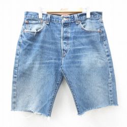 W34★古着 リーバイス Levis 501 ショート パンツ ショーツ メンズ ヒゲ コットン 紺 ネイビー デニム 【spe】 25may08 中古 ボトムス 短パン ショーパン ハーフ