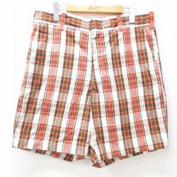 W36★古着 ショート スラックス パンツ ショーツ メンズ 80年代 80s 赤他 レッド チェック 25may08 中古 ボトムス 短パン ショーパン
